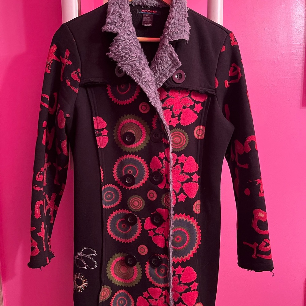 Adore Women's Black and Pink Patterned Spring Coat